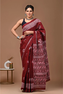 Tetarwal Floral Print Daily Wear Pure Cotton Saree(Maroon)