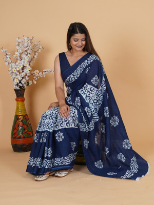 LOVWEAR Blocked Printed, Floral Print, Geometric Print, Printed, Hand Painted Ikkat Mulmul Saree(Blue)