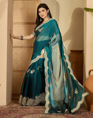 Satrani Embroidered, Embellished Bollywood Tissue, Jimmy choo Saree(Green)