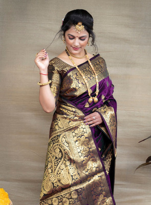 JIADIA Woven Kanjivaram Silk Blend Saree(Purple)