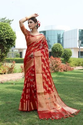 PICKWELL Self Design Banarasi Organza, Cotton Silk Saree(Multicolor)