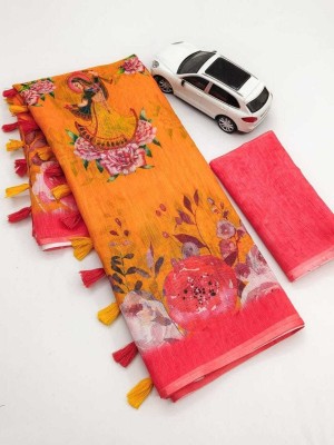 fospy Self Design, Woven Daily Wear Cotton Linen, Cotton Jute Saree(Orange)