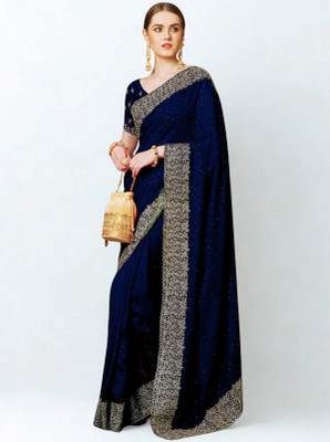 Rudra Enterprise Embroidered Saree with Attached Blouse Pure Silk Saree(Blue)