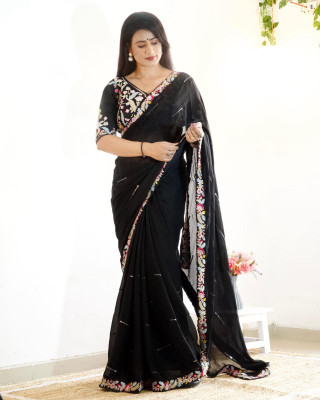GOLDOLL FAB Embroidered Bollywood Silk Blend Saree(Black)