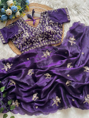 Mortile Designer Studio Embroidered Kanjivaram Silk Blend Saree(Purple)