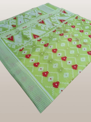 Dristikone Woven Jamdani Pure Cotton Saree(Light Green)