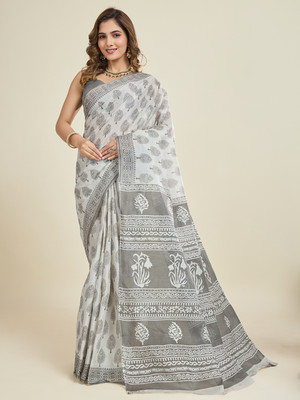Jevi Prints Printed Daily Wear Pure Cotton Saree(Grey)
