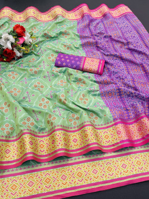 Pionex Woven Patola Pure Silk Saree(Light Green)