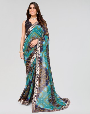 ANIRAV Floral Print Bollywood Georgette, Lace Saree(Blue)