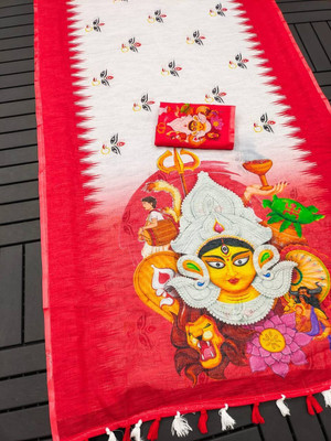 DRAVYA WOMEN Printed Handloom Cotton Linen Saree(White, Red)