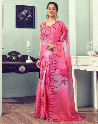 Satrani Floral Print, Printed Kota Doria Cotton Blend Saree(Pink, Multicolor)