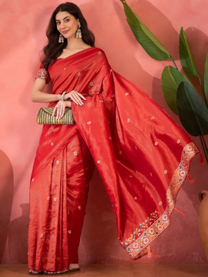 Sangria Self Design Saree with Attached Blouse Silk Blend Saree(Red)