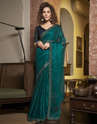 Samah Woven, Embroidered, Embellished Bollywood Chiffon Saree(Green)