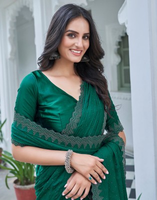 Samah Dyed, Embellished Bollywood Satin Saree(Dark Green)