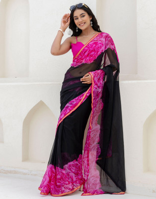 Samah Printed, Geometric Print, Floral Print, Graphic Print, Polka Print Daily Wear Georgette Saree(Pink, Black)