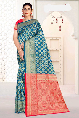 Radharani fusion Woven, Self Design Paithani Cotton Silk Saree(Blue, Red)