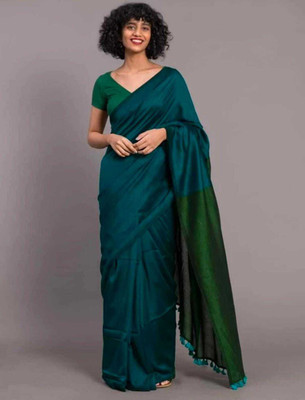 Maa kali saree center Color Block Handloom Cotton Silk Saree(Blue, Green)