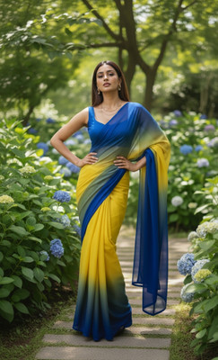 KEE Color Block Bollywood Georgette Saree(Yellow, Blue)