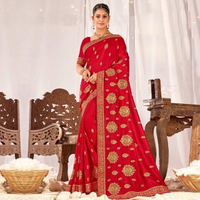 VISENA FAB Embroidered Bollywood Silk Blend Saree(Red)