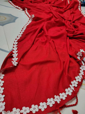 TWRIL Solid/Plain, Embroidered Handloom Cotton Blend Saree(Red)