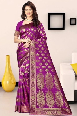 SPOTXY Woven, Embellished, Floral Print, Self Design Kanjivaram Pure Silk Saree(Purple)