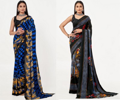 Leelavati Floral Print Bollywood Georgette Saree(Pack of 2, Blue, Black)