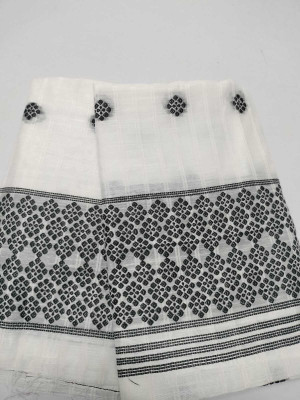 S P CREATION Woven Mekhela Chador Pure Cotton Saree(White)