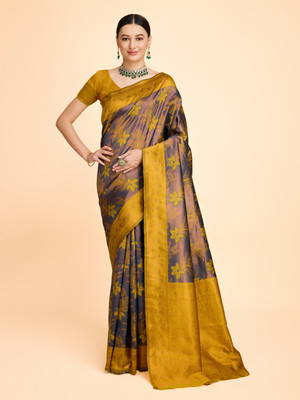fabguru Woven, Self Design Kanjivaram Jacquard, Silk Blend Saree(Mustard)