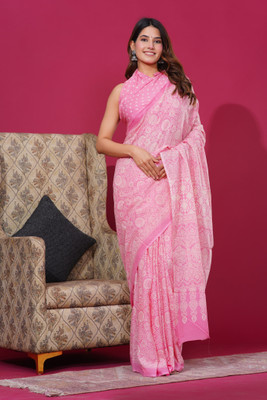 ABSOLUTE FASHION HUB Printed Saree with Attached Blouse Cotton Blend Saree(Pink)