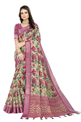 J6 Designers Embellished, Printed, Floral Print Bollywood Cotton Linen Saree(Pink)