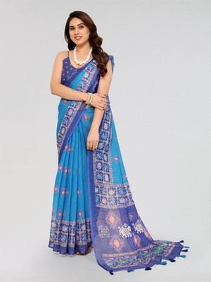 Moda Rapido Printed Bollywood Linen Saree(Light Blue)