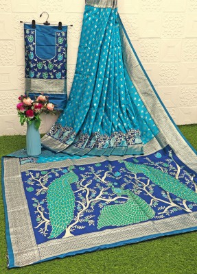 Vomira Woven Paithani Pure Silk, Art Silk Saree(Blue)