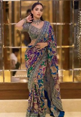 jashvicreation Printed Bollywood Silk Blend Saree(Blue, Purple)