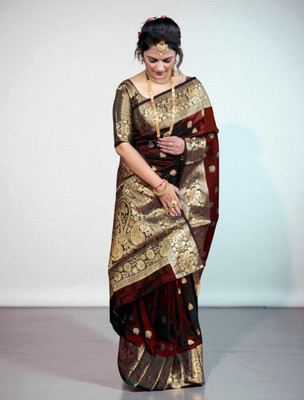 fFASHION Embellished, Solid/Plain, Striped, Temple Border, Floral Print, Dyed, Woven Banarasi Art Silk, Cotton Silk Saree(Maroon)