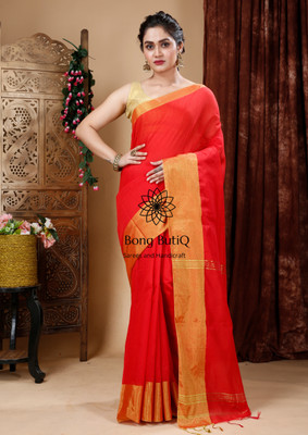 Bong ButiQ Solid/Plain Bollywood Handloom Cotton Blend Saree(Red, Gold)