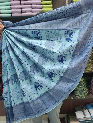 WILLMAKE Printed, Applique, Embellished, Floral Print, Woven Bollywood Georgette Saree(Blue)