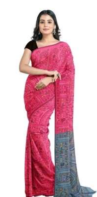 SANVISAREE Printed Tant Cotton Blend Saree(Pink)