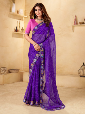 ANOUK Printed Bandhani Chiffon Saree(Purple)