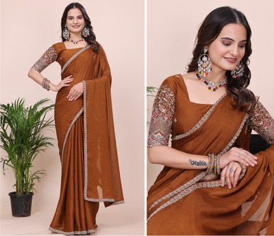 K 5 FASHION Solid/Plain, Embroidered Bollywood Chiffon Saree(Mustard)