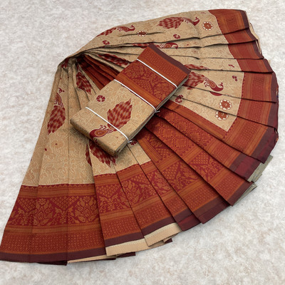 PRANJAL ART Printed Banarasi Jacquard, Art Silk Saree(Cream, Maroon)