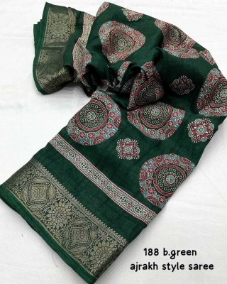 KAMALKUNJ DESIGNER Digital Print, Paisley, Hand Painted, Applique Bollywood Cotton Silk Saree(Dark Green)