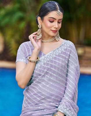 Samah Dyed, Embroidered, Embellished Leheria Chiffon Saree(Purple, White)