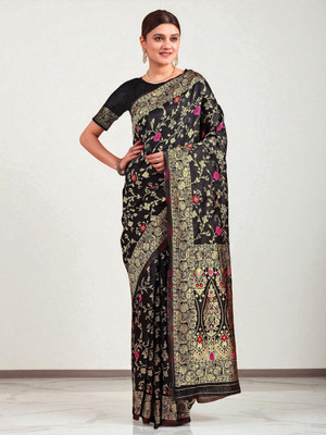 fFASHION Printed Banarasi Art Silk, Cotton Silk Saree(Black)