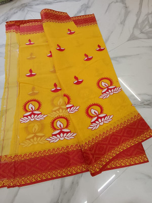 Happy Creation Printed Tant Handloom Cotton Blend Saree(Yellow, Red)