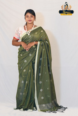 Ahana Textile Printed Handloom Cotton Blend Saree(Light Blue)