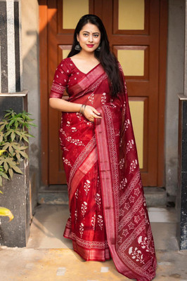 STAVA CREATION Printed Bollywood Linen Saree(Maroon)