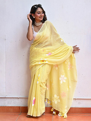 FashDeal Striped Bollywood Linen Saree(Yellow)