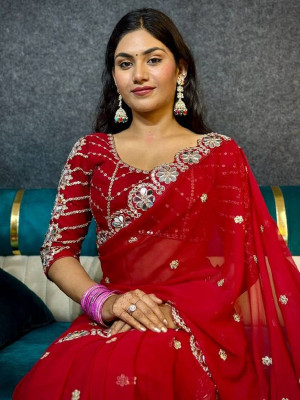 shree maruti fashion Embellished, Embroidered, Floral Print Bollywood Georgette Saree(Maroon)