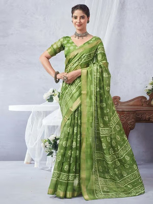 sareya veela Printed Bandhani Cotton Blend Saree(Light Green)