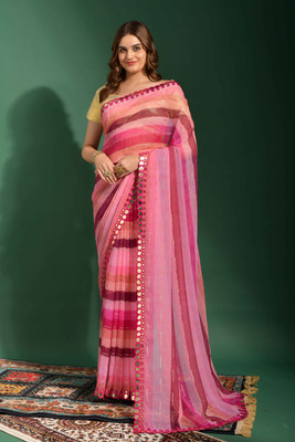 Dwiza Enterprise Digital Print, Striped Bollywood Georgette, Chiffon Saree(Pink)